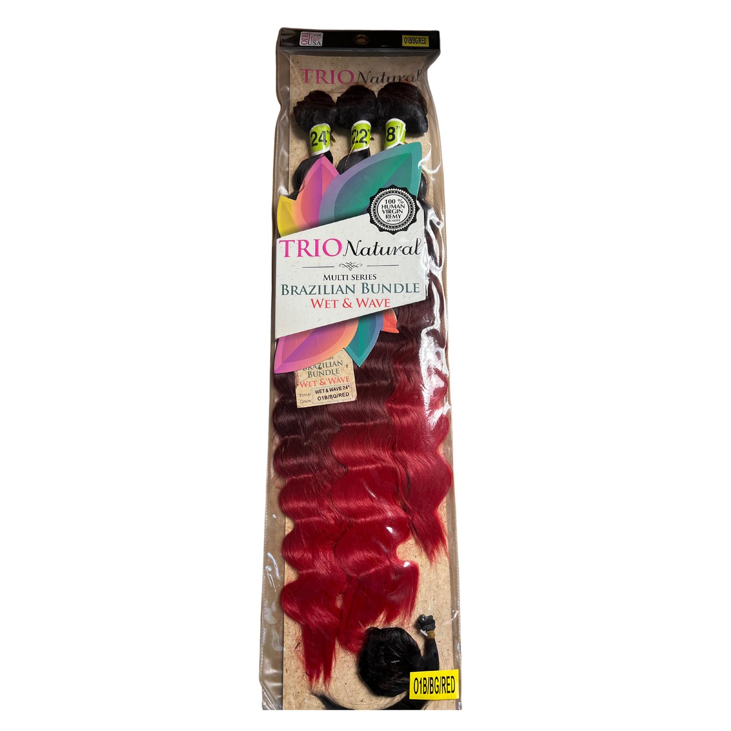 Trio Natural Brazilian Bundle Wet & Wave 100% Human Hair Virgin Remy color O1B/BG/RED 24” 22” 18”